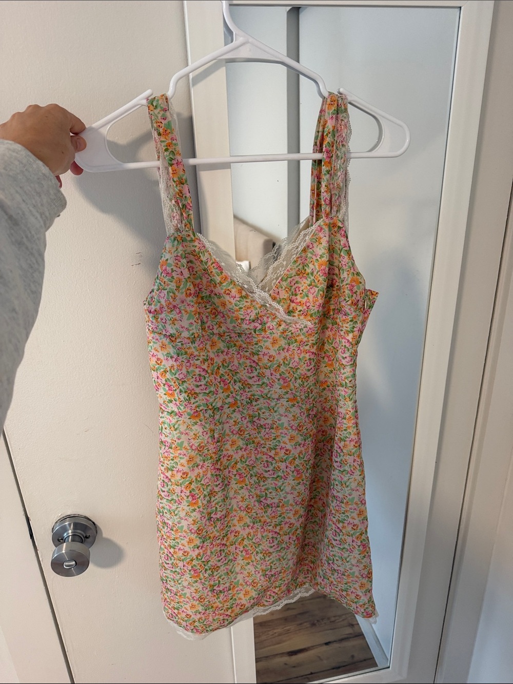 Floral Lace-Trim Mini Slip Dress in Pink Multicolor